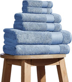 BIOWEAVES 100% Organic Cotton 700 GSM Plush 6-Piece Towel Set GOTS Certified, 2 Bath Towels, 2 Hand Towels & 2 Washcloths - Cerulean Blue