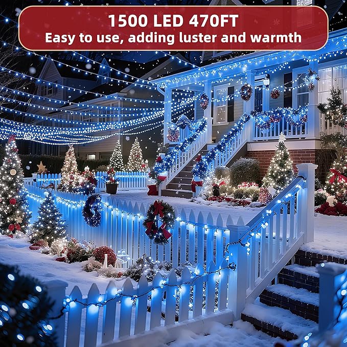 470ft Outdoor Christmas Lights, 1500 LED Super Long String Lights 12 Modes & Timer Memory, Dimmable Outsite Waterproof Light Strings for Xmas Tree Garden Wedding Party Holiday Decorations Blue