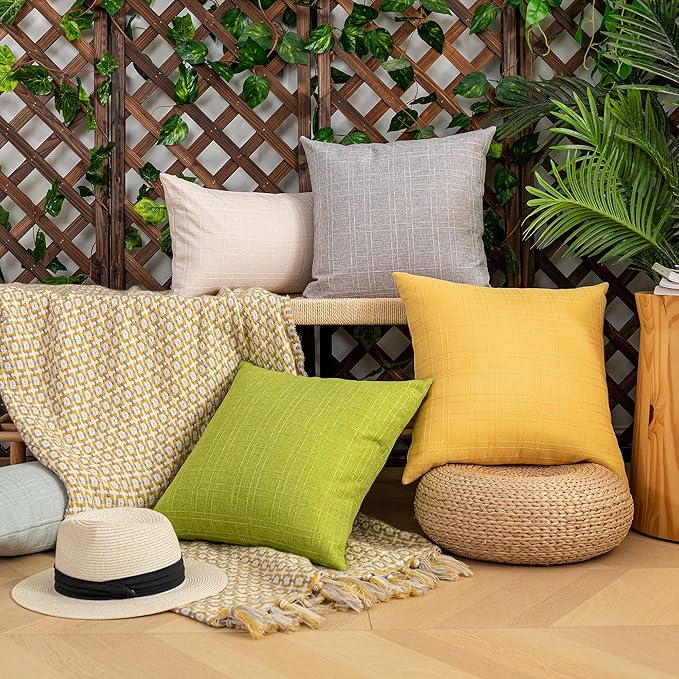 Kevin Textile Pack of 2 Outdoor Waterproof Throw Pillow Covers Decorative Farmhouse Checkered Square Solid Cushion Cases for Patio Garden Porch Sofa Yellow 18x18 inch