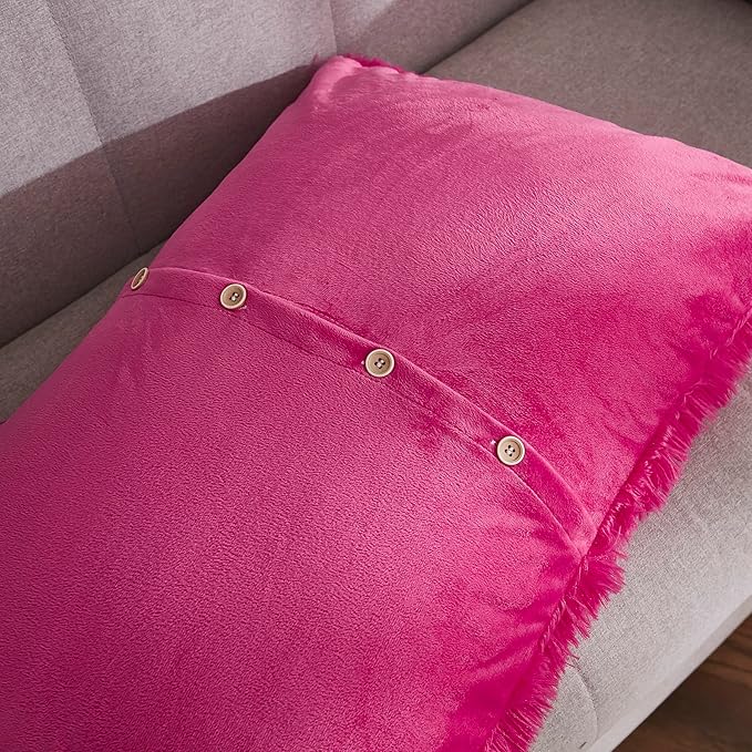 WERDIM Shaggy Faux Fur Pillowcases 2 Pack Button Closure Velvet Pillow Shams King Size (Hot Pink, 20 X 36 Inches)