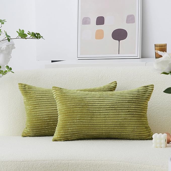 Home Brilliant Green Throw Pillow Covers 12x20 Striped Corduroy Solid Set of 2 Spring Decoration Oblong Pillowcases for Sofa Couch Living Room Decor, 12 x 20 inch, Grass Green
