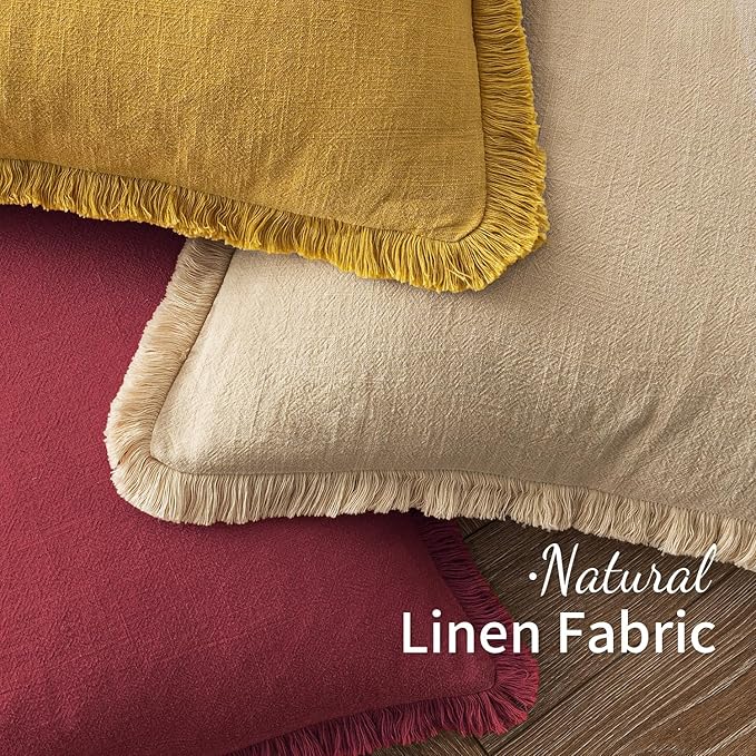 MIULEE Christmas Decorative Throw Pillow Covers Neutral Linen Fringe Throw Pillows Euro Shams Set of 2 Burgundy Boho Farmhouse Cushion Covers for Couch Sofa Bed Living Room Home Decor 24x24 Inch