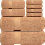 Infinitee Xclusives Luxury 100% Cotton Towel Set – 8 Piece Bathroom Towel Set (2 Bath Towels, 2 Hand Towels, 4 Washcloths) – Soft & Absorbent Towels for Bathroom (Cosmic Sand)