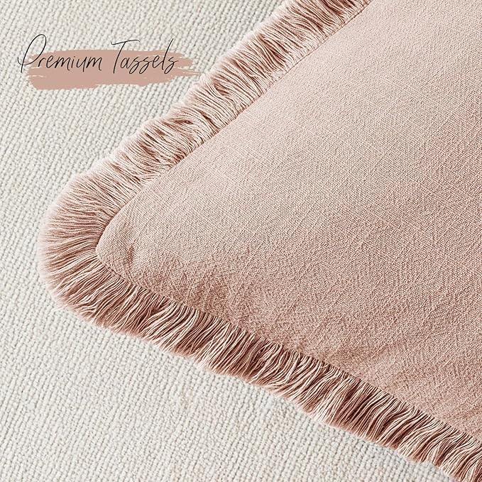 Woaboy Decorative Linen Fringe Throw Pillow Covers Boho Farmhouse Soft Cushion Covers Accent Pillowcases with Tassels for Living Room Couch Sofa Bed Chair,18x18 Inch Set of 2,Light Pink