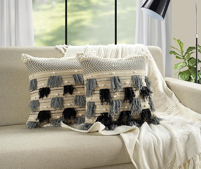 GRUHUM Throw Pillow Covers 18x18 Inch Set of 2 Boho Decorative Handwoven Tufted Cushion Case for Living Room Bedroom Sofa Couch Farmhouse Car Home Decor Cotton Comfy Square Modern 18"x18", Cream/Blue