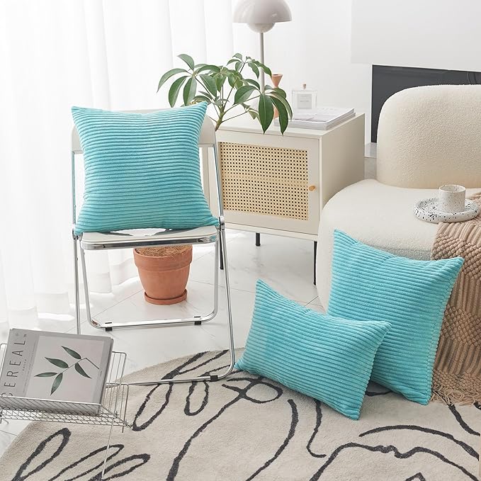 Home Brilliant Turquoise Pillow Covers Striped Corduroy Plush Texture Velvet Euro Sham Throw Pillows for Bed Patio, 24x24 inch, Teal