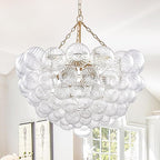 Bubble Chandeliers Lighting Gold 31" Swirled Clear Ribbed Blown Glass Globe Art Deco 9-Light Cluster Ball Pendant Lights Fixture for Living Room, Bedroom, Kitchen Island