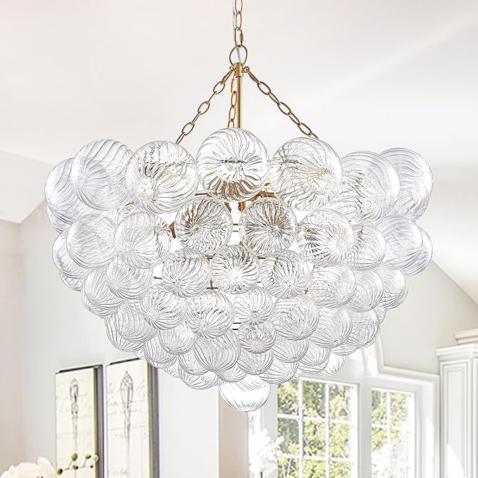 Bubble Chandeliers Lighting Gold 31" Swirled Clear Ribbed Blown Glass Globe Art Deco 9-Light Cluster Ball Pendant Lights Fixture for Living Room, Bedroom, Kitchen Island