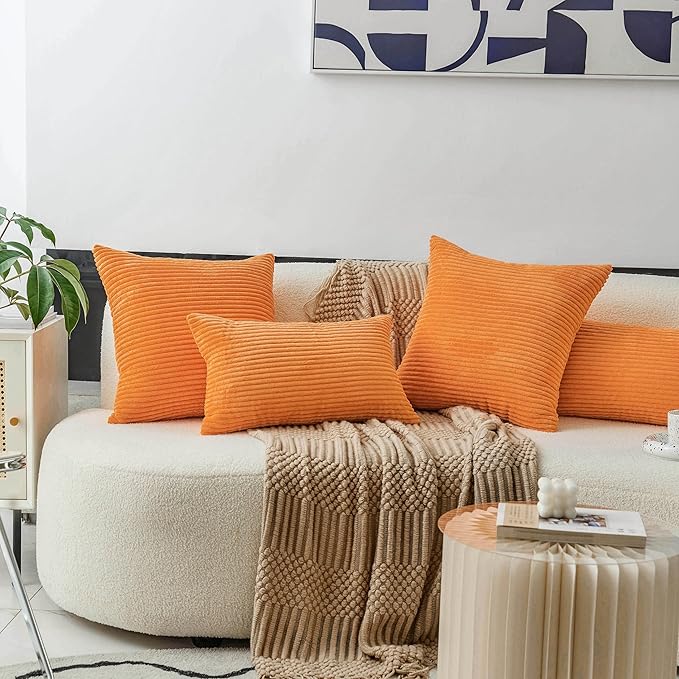 Home Brilliant Orange Pillow Covers 12x20 Lumbar Throw Pillow Covers Rectangular Striped Corduroy Plush Halloween Thanksgiving Decorative Fall Pillow Cover for Couch, Set of 2, 12 x 20 inch, Orange