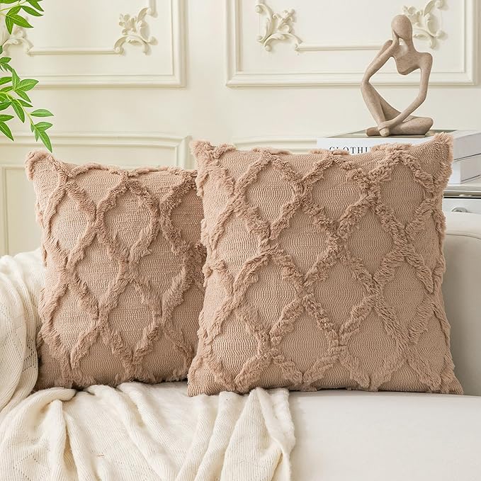 Set of 2 Soft Moroccan Throw Pillow Covers 16x16 Inch Plush Boho Decorative Pillow Cover Accent Cushion Case for Couch Sofa Bed, Light Brown