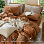 MooMee Bedding Duvet Cover Set 100% Washed Cotton Linen Like Textured Breathable Durable Soft Comfy (Solid Dark Orange, Oversized Queen 98"x98")