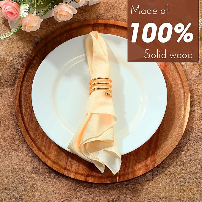 Rtteri 10 Pieces Acacia Round Wood Plates 14 x 0.6 Inch Dinner Plates Wooden Charger Platter Bulk Easy Cleaning Lightweight Serving Tray for Dishes Snack Dessert