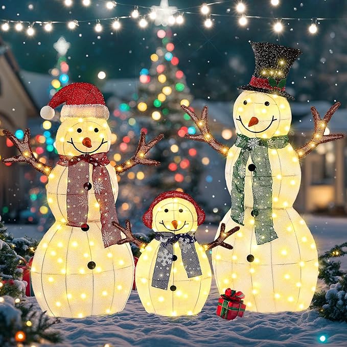 Large Christmas Snowman Family Decorations, 43Inch 3D Pre-Lit Snowman with 200 LED Lights & Zip Ties, Outdoor Indoor Holiday Decor for Yard,Porch,Home-Sparkling White