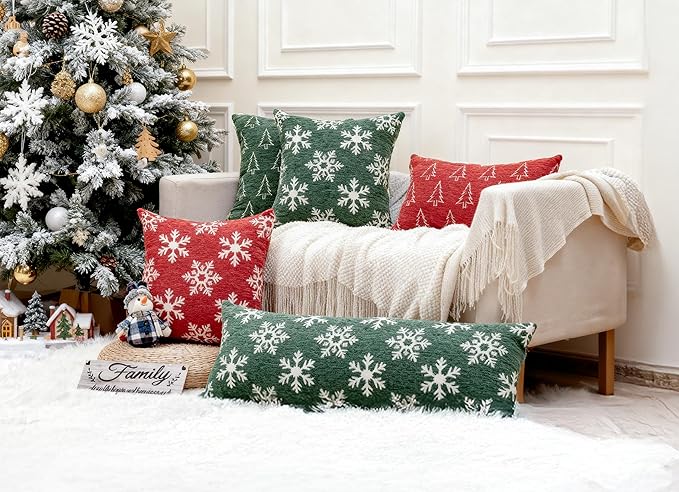 Reversible Christmas Pillow Covers 14x36, Chenille Double-Sided Snowflake & Tree, Cozy Farmhouse Holiday Throw Pillowcases with Hidden Zipper for Sofa, Couch and Bed(Green,36x14)