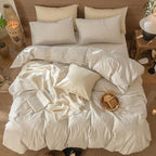 MooMee Striped Duvet Cover Set 100% Washed Cotton Linen Like Textured Breathable Durable Soft Comfy (Tannish Linen Grey White Pinstripes, Full 80"x90")