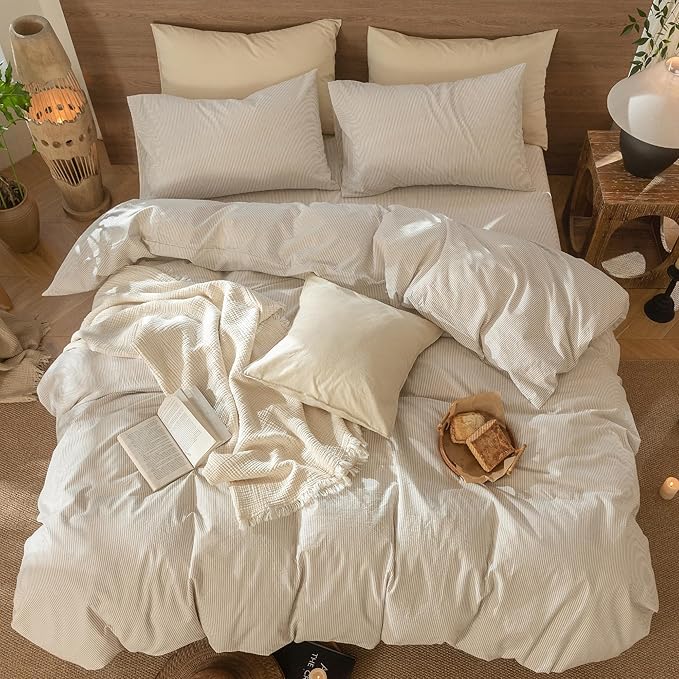 MooMee Striped Duvet Cover Set 100% Washed Cotton Linen Like Textured Breathable Durable Soft Comfy (Tannish Linen Grey White Pinstripes, Super King Plus 120"x120")