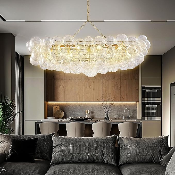 Luxury Bubble Glass Chandeliers Clear Ribbed Swirled Blown Glass Ball 50" L Rectangular Island Light Fixture Hanging Pendant Light Fixtures for Living Room Restaurant Dining Table