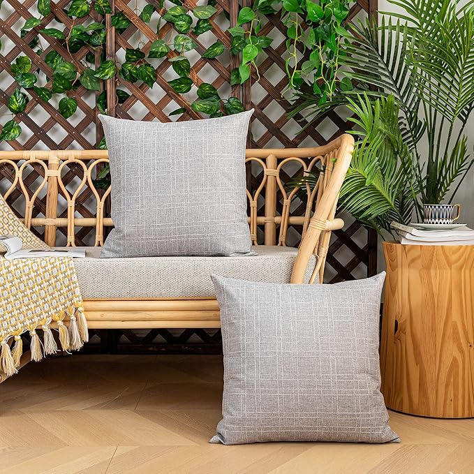 Kevin Textile Pack of 2 Decorative Outdoor Waterproof Pillow Covers Garden Checkered Cushion Sham Throw Pillowcase Shell for Patio Tent Couch 20x20 Inch Grey