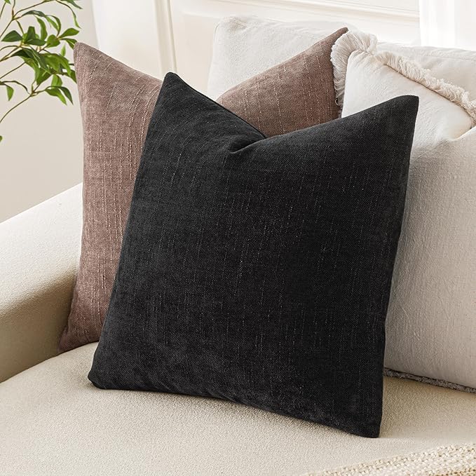 MIULEE Pack of 2 Decorative Throw Pillow Covers Soft Chenille Throw Pillows Solid Textured Euro Cushion Covers for Couch Sofa Bedroom Living Room 22x22 Inch, Black