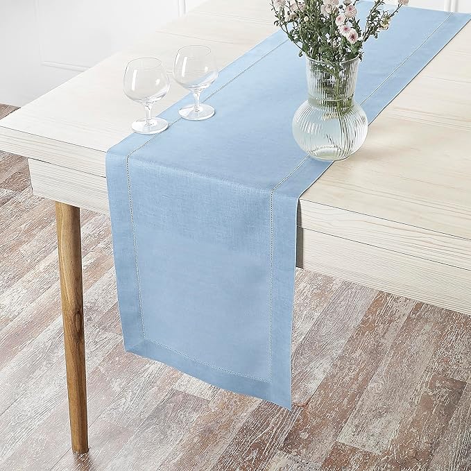 D'Moksha Homes Linen Powder Blue Table Runner 108 Inches Long - 100% Pure Linen 14 x 108 Inch Table Runner for Fall, Autumn and Halloween - Classic Hemstitch