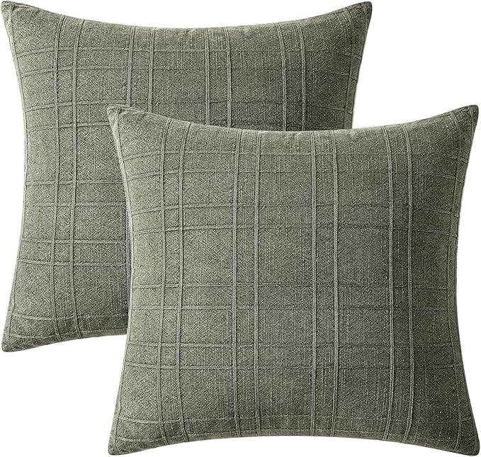 MIULEE Decorative Linen Check Euro Shams Throw Pillow Covers Neutral Farmhouse Vintage Pillow Covers 26x26 Set of 2 Boho Modern Home Decor for Sofa Couch Bedroom Cushion Olive Green
