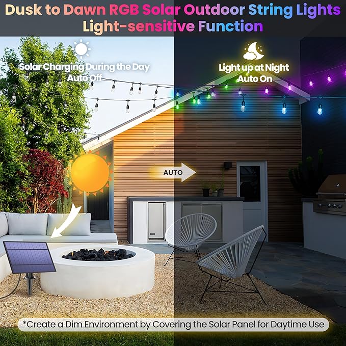100FT(2x50FT) RGB Solar Outdoor String Lights with Remote, Multicolor&Warm White Dimmable Waterproof Patio Lights with 30 LED S14 Bulbs-Black