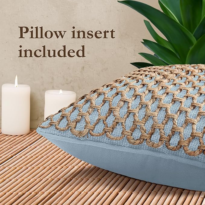Boho Living Jada Decorative Throw, (1) 18" x 18" Pillow Cover with Insert, Light Blue