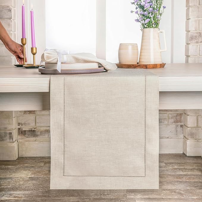 D'Moksha Homes Linen Light Natural Table Runner 90 Inches Long - Classic Hemstitch 100% Pure Linen Dining Table Runner 14 x 90 Inch for Fall, Autumn and Halloween