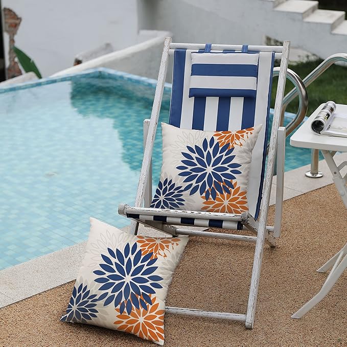 DFXSZ Blue Orange Outdoor Flower Pillow Covers 16x16 Inch Set of 2 White Colored Throw Pillows Outdoor Waterproof Decor for Living Room Sofa Patio Funiture Garden Floral Polyester pillow covers 002C16