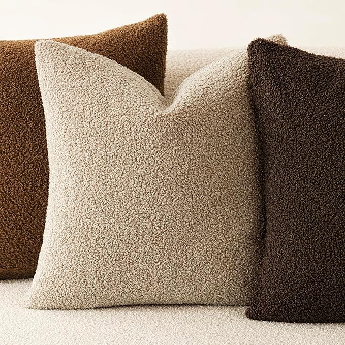 Foindtower Pack of 2, Curly Faux Fur Decorative Throw Pillow Covers Soft Fuzzy Plush Cushion Case with Zipper Cozy Pillowcase for Home Living Room Couch Bed Sofa 18 x 18 Inch,Taupe Khaki Camel