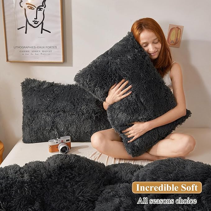 XeGe Faux Fur Throw Pillow Cases, Plush Shaggy Ultra Soft Pillow Covers, Fluffy Crystal Velvet Decorative Pillowcases, Furry Fuzzy Pillow Shams Zipper Closure, Set of 2(Standard, Dark Gray)