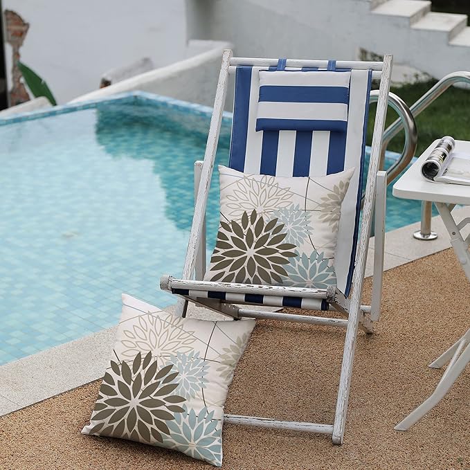 Brown Blue Flower Pillow Covers 18x18 Inch Set of 2 Summer Outdoor Waterproof Decor for Home Patio Funiture Garden Living Room Modern Art Floral Polyester Square Cushion Cover 01F18