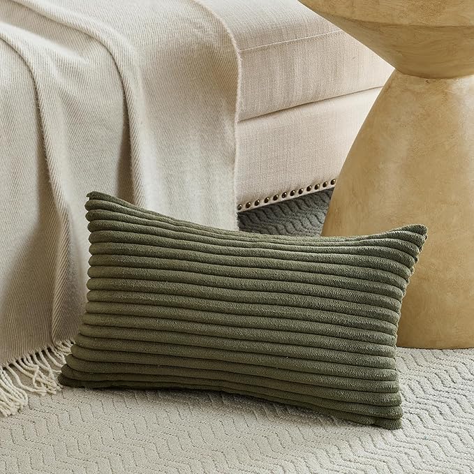 Fancy Homi Set of 2 Olive Green Lumbar Rectangle Decorative Throw Pillow Covers 12x20 Inch for Couch Bed Chair, Aesthetic Boho Room Decor, Soft Fuzzy Thick Corduroy Cute Textured Cushion Case 30x50cm