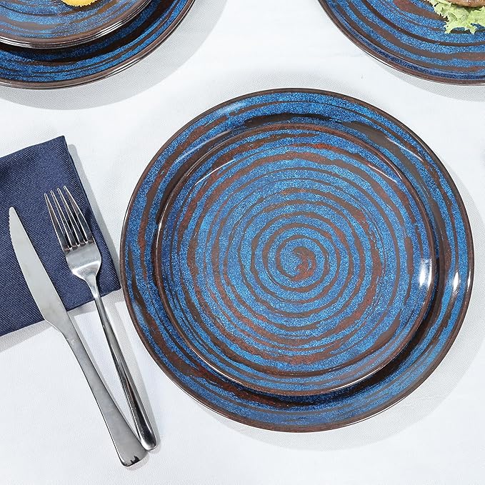 Melamine Dinnerware Set, 12-Piece Plates and Bowls Set, Blue Threaded Plastic Dishes Set, Service for 4, BPA-Free, Dishwasher Safe
