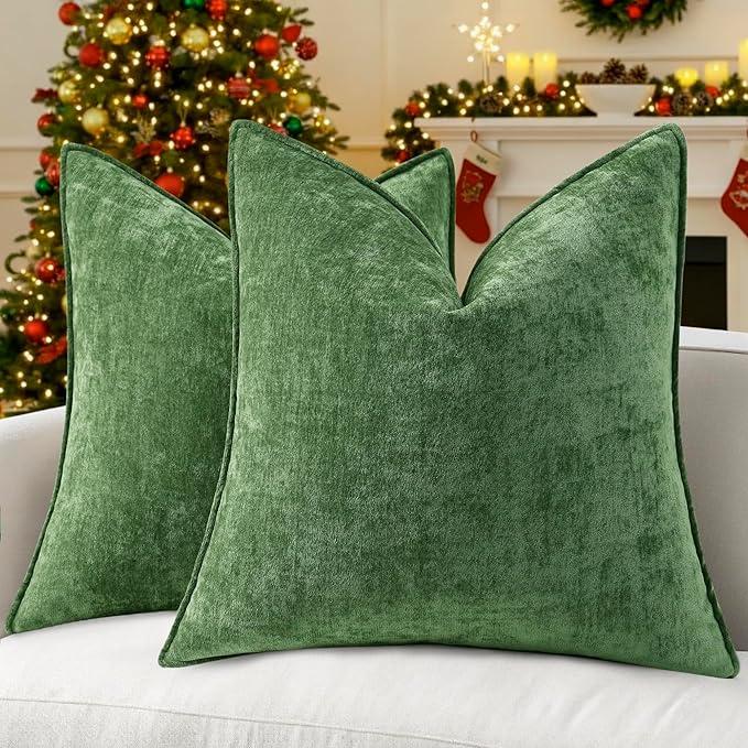 decorUhome Christmas Couch Throw Pillow Covers 24x24 Set of 2, Decorative Soft Euro Neutral Chenille Pillow Covers with Elegant Design for Sofa Bed Living Room Home Decor, Moss Green