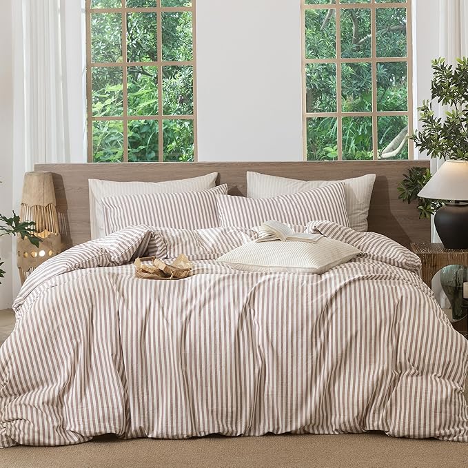 MooMee Striped Duvet Cover Set 100% Washed Cotton Linen Like Textured Breathable Durable Soft Comfy (Orange Classic Stripes, Full 80"x90")