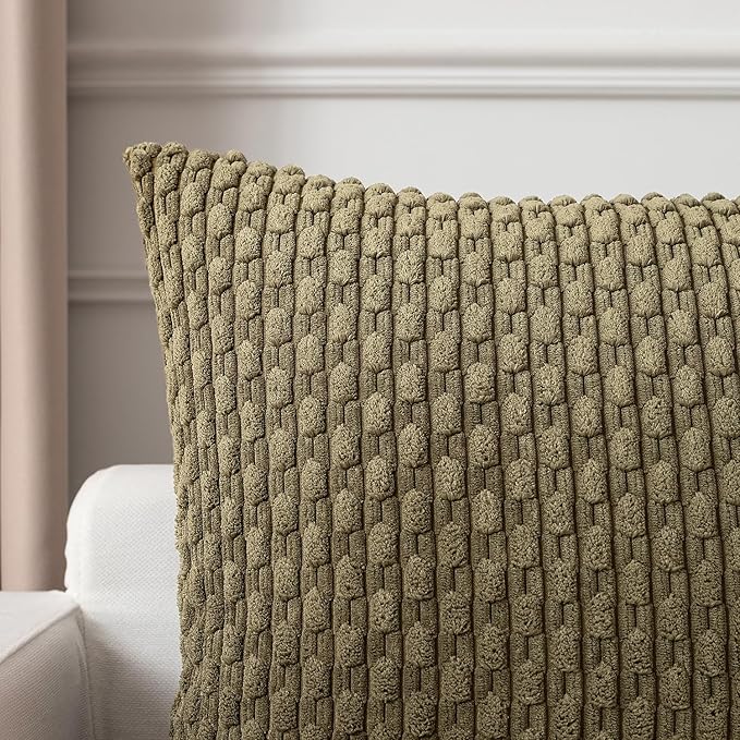 Kevin Textile Pack of 2 Corduroy Decorative Throw Pillow Covers 16x16 Inch Soft Boho Striped Pillow Covers Modern Farmhouse Home Decor for Sofa Living Room Couch Bed Olive Green