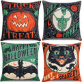 Vintage Halloween Decor-Throw Pillow Covers 18x18 in set of 4,Retro Linen Pillow Case with Scaredy Cats Pumpkins Skull Bats for Couch Fall Holiday Outdoor Burnt Orange Green Black Decorations