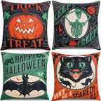 Vintage Halloween Decor-Throw Pillow Covers 18x18 in set of 4,Retro Linen Pillow Case with Scaredy Cats Pumpkins Skull Bats for Couch Fall Holiday Outdoor Burnt Orange Green Black Decorations