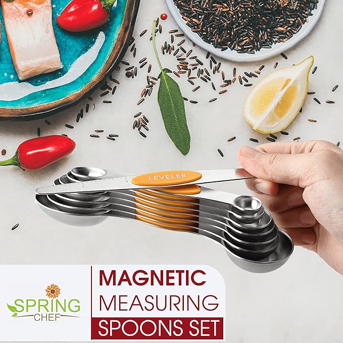 Spring Chef Magnetic Measuring Spoons Set, Dual Sided, Stainless Steel, Fits in Spice Jars, Mango, Set of 8, 2 Pack