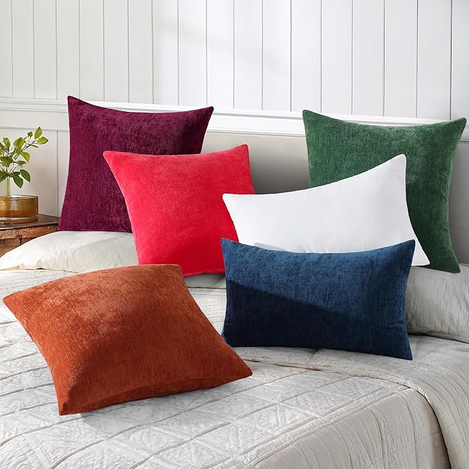 decorUhome Chenille Red Throw Pillow Covers 12x20 Inch Set of 2, Decorative Soft Couch Pillow Covers Solid Dyed Accent Velvet Farmhouse Neutral Rectangle Christmas Pillow Cases for Sofa Living Room