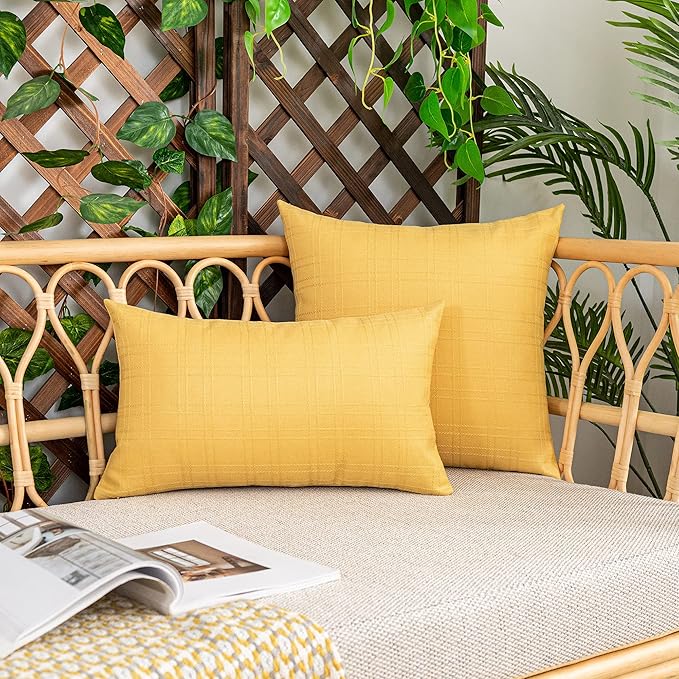 Kevin Textile Pack of 2 Decorative Outdoor Waterproof Pillow Covers Garden Checkered Cushion Sham Throw Pillowcase Shell for Patio Tent Couch 20x20 Inch Yellow