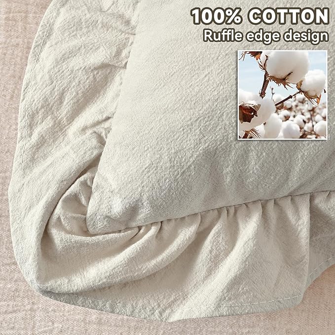 AmHoo Pack of 2 Throw Pillow Covers 100% Cotton Pre Washed Ruffle Decorative Pillowcase Cushion for Couch Sofa Bedroom 24 x 24-Inch Beige