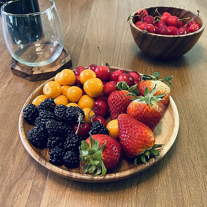 Acacia Wooden Plates – Set of 4, 8” Round Rustic Side Dish & Dessert Plates, Handcrafted Natural Tableware for Appetizers, Snacks, Dining, or Gift