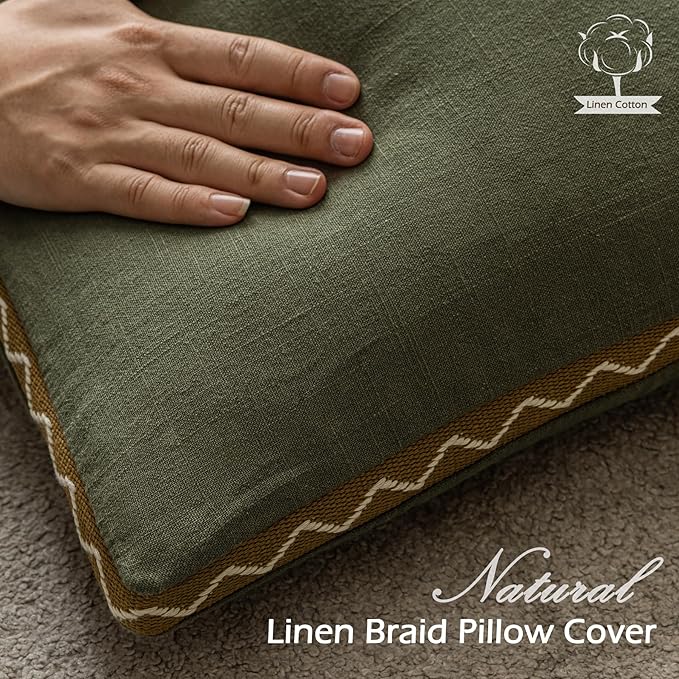 Olive Green Linen Cotton Throw Pillow Covers 18x18 Inch Set of 2, Modern Boho Aesthetic Accent Pillow Cases with Woven Flange for Couch Sofa Bed Room Earthy Tone Home Decor