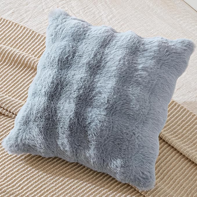 AmHoo Pack of 2 Throw Pillow Covers 3D Dense Faux Rabbit Fur Cozy Super Soft Fuzzy Set Case Cushion for Couch Sofa Bedroom 20 x 20-Inch Light Grey