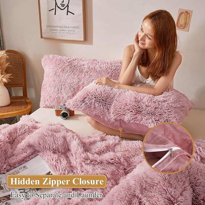 XeGe Faux Fur Throw Pillow Cases, Plush Shaggy Ultra Soft Pillow Covers, Fluffy Crystal Velvet Decorative Pillowcases, Furry Fuzzy Pillow Shams Zipper Closure, Set of 2(Standard, Pink Ombre)