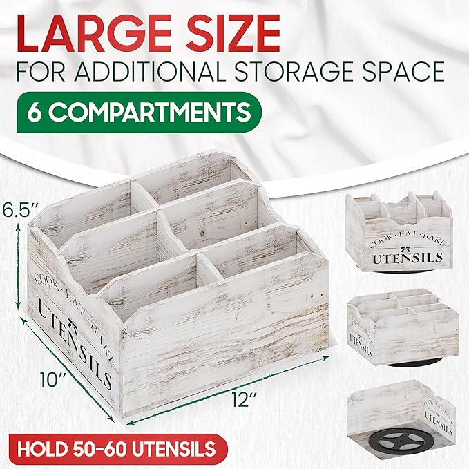 [Upgraded] Extra Large Kitchen Utensil Holder for Countertop with 360° Rotating Base, 6 Compartments, Removable Divider, Bamboo Utensil Organizer for Countertop, Farmhouse Kitchen Decor