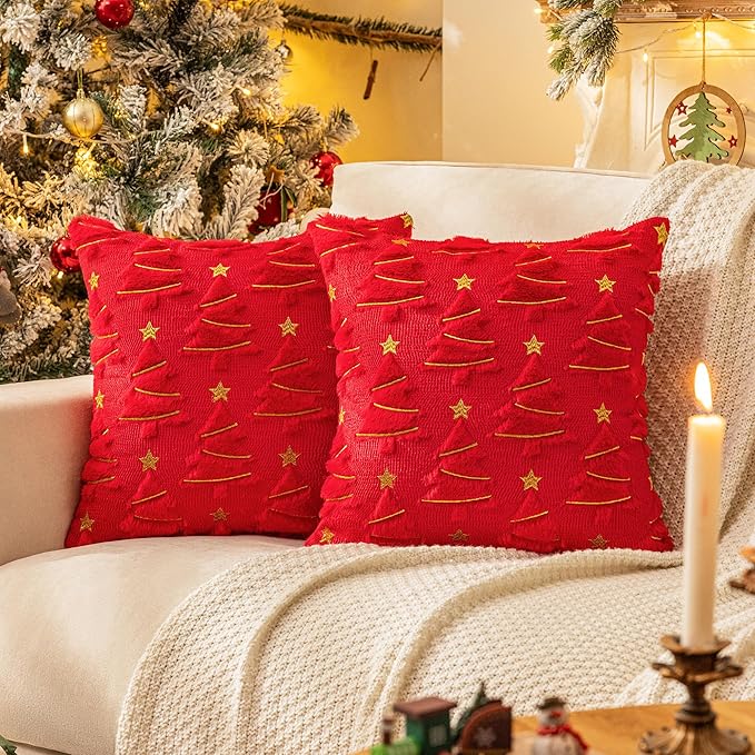 AQOTHES Christmas Tree Decorative Red Throw Pillow Covers 24x24 Set of 2, Faux Fur Farmhouse Throw Pillows Cushion Cases for Xmas Winter Holiday Home Decor