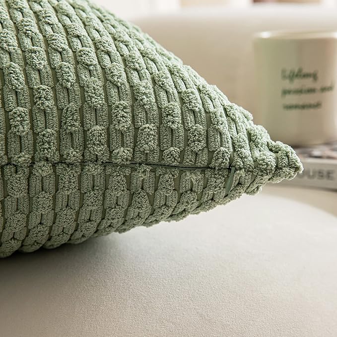 Kevin Textile 2 Packs Decorative Throw Pillow Covers 20x20 Inch for Living Room Couch Bed Spring Sofa Soft Striped Corduroy Square Cushion Case 50x50 cm Farmhouse Boho Home Decor Sage Green